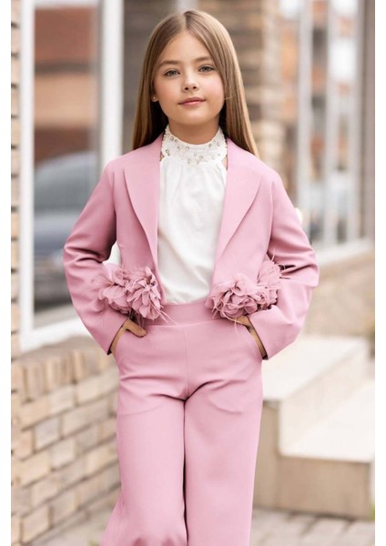 Kız Çocuk Çiçek Broş Detaylı Blazer Ceket Halter Yaka Taş Detaylı Bluz Pembe Alt Üst Takım