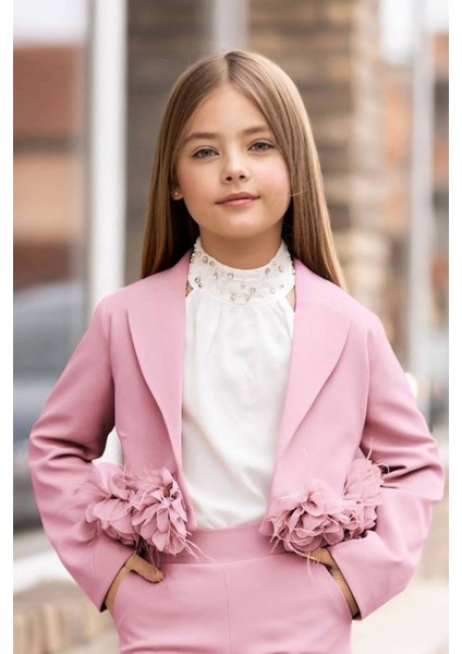Kız Çocuk Çiçek Broş Detaylı Blazer Ceket Halter Yaka Taş Detaylı Bluz Pembe Alt Üst Takım