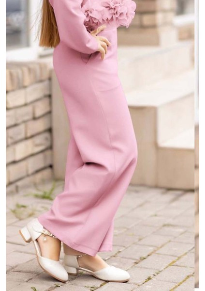 Kız Çocuk Çiçek Broş Detaylı Blazer Ceket Halter Yaka Taş Detaylı Bluz Pembe Alt Üst Takım