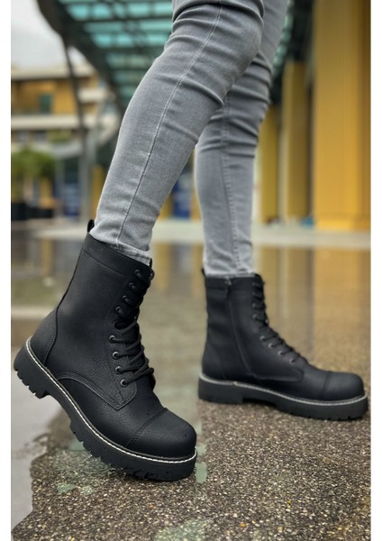 Fermuarlı Bağcık Detaylı Erkek Worker Bot Siyah