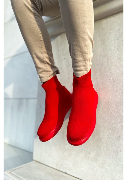 Düz Triko Erkek Sneaker Bot Kırmızı