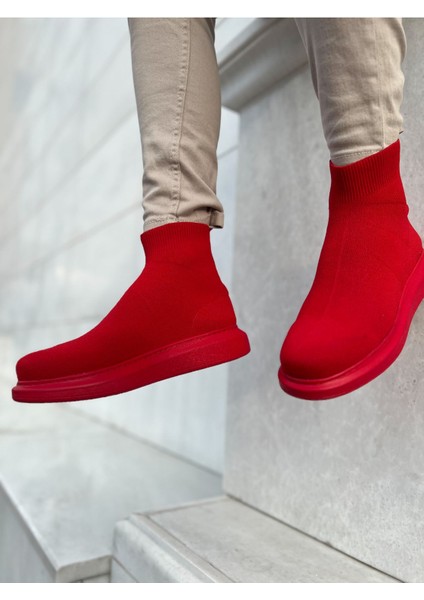 Düz Triko Erkek Sneaker Bot Kırmızı
