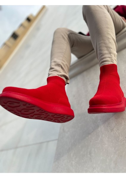 Düz Triko Erkek Sneaker Bot Kırmızı