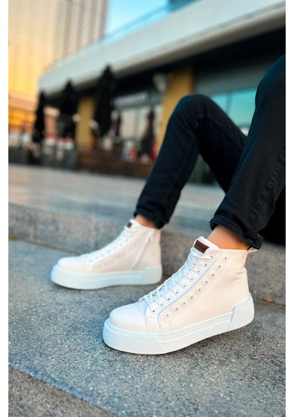 Fermuarlı Bağcık Detaylı Erkek Sneaker Bot Beyaz Beyaz