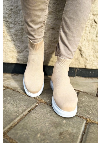 Düz Triko Erkek Sneaker Bot Krem
