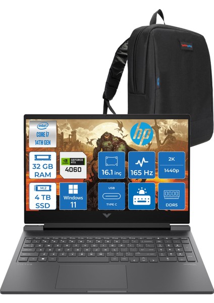 Victus 16-R1088NT Intel Core I7-14700HX 32GB Ddr5 4tb SSD RTX4060 8gb Windows 11 Pro 16.1 Inç 2k Qhd 165Hz 3ms IPS Gaming Laptop B8SG7EAF12 + Zetta Çanta