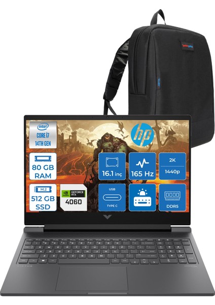 Victus 16-R1088NT Intel Core I7-14700HX 80GB Ddr5 512GB SSD RTX4060 8gb Freedos 16.1 Inç 2k Qhd 165Hz 3ms IPS Gaming Laptop B8SG7EAF21 + Zetta Çanta