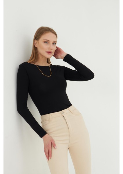 Kadın Kayık Yaka Basic Uzun Kollu Body Likralı Bluz Viskon Body 160