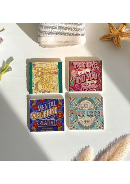 Vintage Old School Yazı Baskılı Renkli Doğal Taş Bardak Altlığı 4’lü Set fiyatları