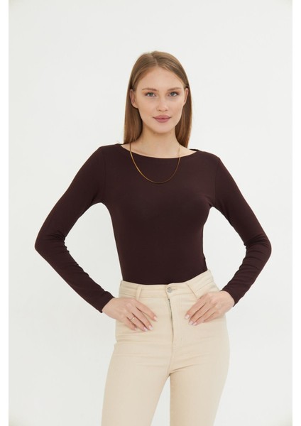 Kadın Kayık Yaka Basic Uzun Kollu Body Likralı Bluz Viskon Body 160
