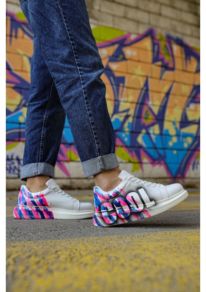 Bağcıklı Baskılı Erkek Spor Ayakkabı Pembe Mavi Cool