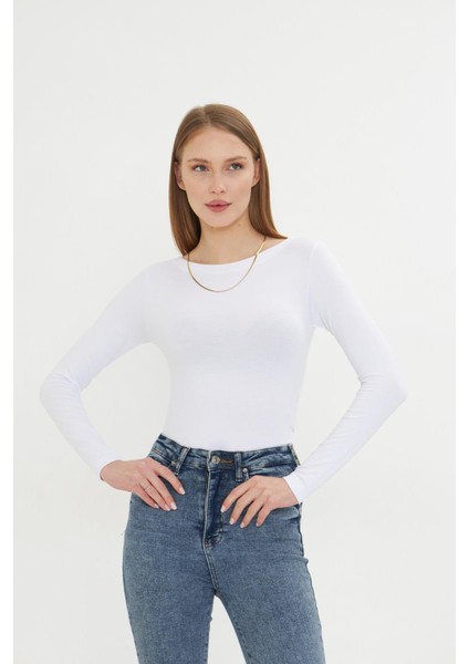 Kadın Kayık Yaka Basic Uzun Kollu Body Likralı Bluz Viskon Body 160