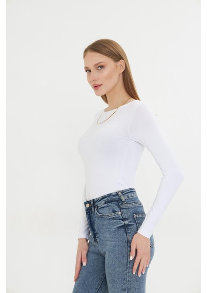 Kadın Kayık Yaka Basic Uzun Kollu Body Likralı Bluz Viskon Body 160