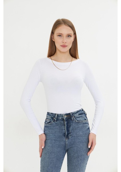 Kadın Kayık Yaka Basic Uzun Kollu Body Likralı Bluz Viskon Body 160