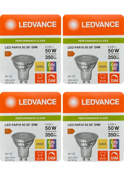 (4 adet) Ledvance 4,5W (50W) 3000K (Sarı Işık) Dim Edilebilir GU10 DUYLU LED Spot Ampul