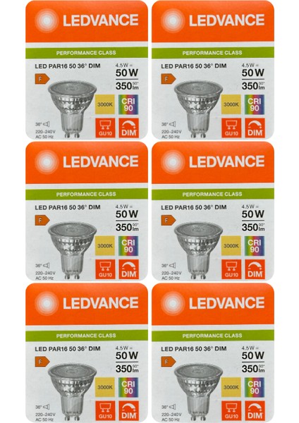 (6 adet) Ledvance 4,5W (50W) 3000K (Sarı Işık) Dim Edilebilir GU10 DUYLU LED Spot Ampul