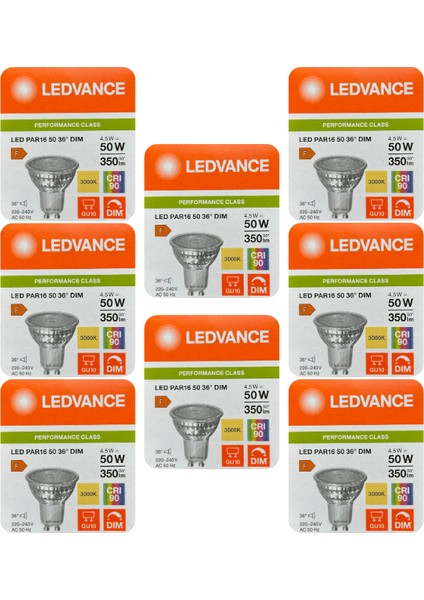 (8 adet) Ledvance 4,5W (50W) 3000K (Sarı Işık) Dim Edilebilir GU10 DUYLU LED Spot Ampul