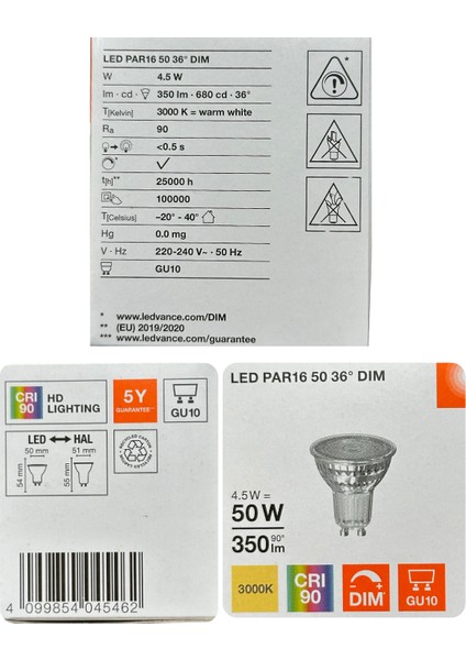 (8 adet) Ledvance 4,5W (50W) 3000K (Sarı Işık) Dim Edilebilir GU10 DUYLU LED Spot Ampul