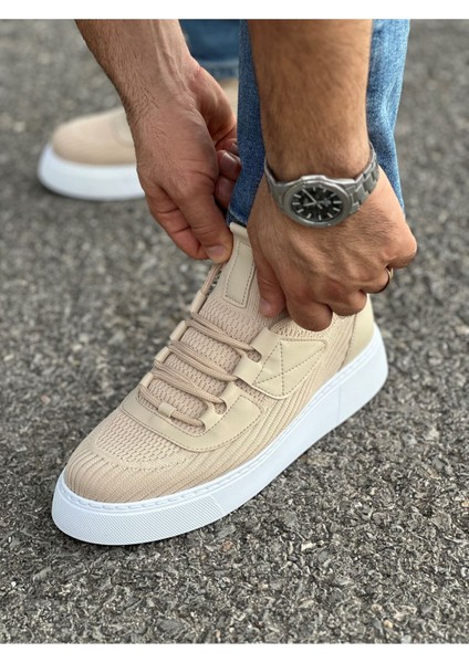 Bağcık Detaylı Triko Kumaş Erkek Spor Ayakkabı Bej