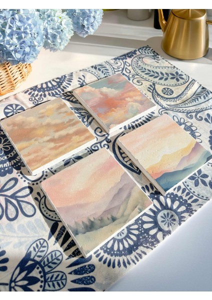 Pastel Manzara ve Bulut Desenli Doğal Taş Bardak Altlığı 4’lü Set