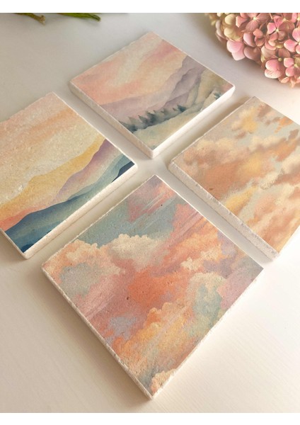 Pastel Manzara ve Bulut Desenli Doğal Taş Bardak Altlığı 4’lü Set fiyatları