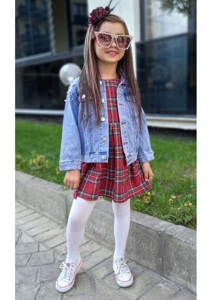 Kız Çocuk Omuzlar Inci Boncuk Işlemeli Mavi Kot Ceket Bisiklet Yaka Ekose Çizgili Sıfır Kol Elbise