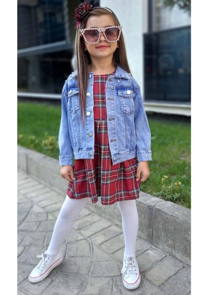 Kız Çocuk Omuzlar Inci Boncuk Işlemeli Mavi Kot Ceket Bisiklet Yaka Ekose Çizgili Sıfır Kol Elbise fiyatları