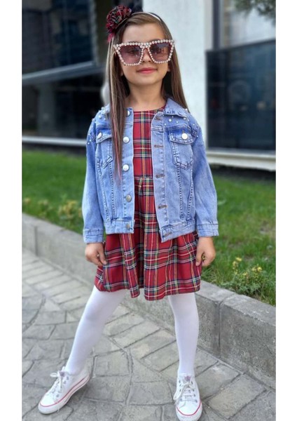 Kız Çocuk Omuzlar Inci Boncuk Işlemeli Mavi Kot Ceket Bisiklet Yaka Ekose Çizgili Sıfır Kol Elbise indirimleri