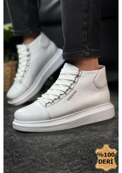 Bağcıklı Deri Erkek Sneaker Bot Beyaz