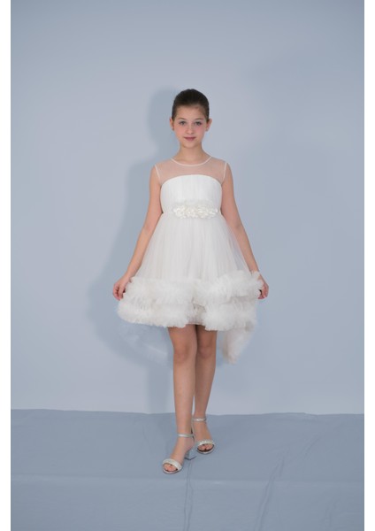 Kız Çocuk Abiye Beyaz Etekleri Fırfırlı Kuyruklu Beli Çiçekli Abiye 6-10 Yaş