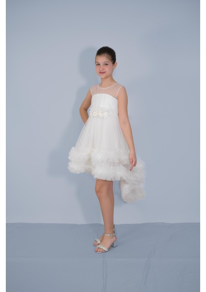 Kız Çocuk Abiye Beyaz Etekleri Fırfırlı Kuyruklu Beli Çiçekli Abiye 6-10 Yaş fiyatları