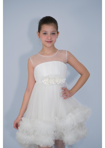 Kız Çocuk Abiye Beyaz Etekleri Fırfırlı Kuyruklu Beli Çiçekli Abiye 6-10 Yaş modelleri