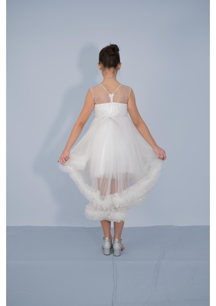 Kız Çocuk Abiye Beyaz Etekleri Fırfırlı Kuyruklu Beli Çiçekli Abiye 6-10 Yaş fırsatları