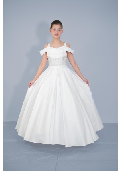 Kız Çocuk Abiye Krem Askılı Düşük Omuzlu Payetli Sunsihe Kumaş Kasnaklı Gelinlik 2-11 Yaş