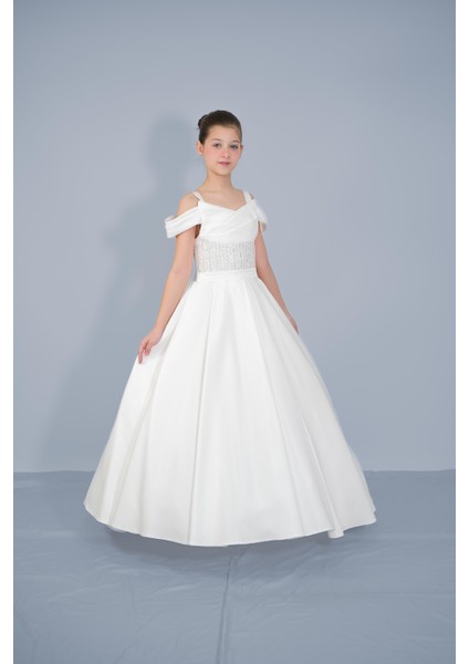 Kız Çocuk Abiye Krem Askılı Düşük Omuzlu Payetli Sunsihe Kumaş Kasnaklı Gelinlik 2-11 Yaş fiyatları