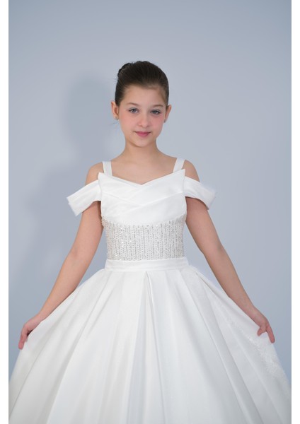 Kız Çocuk Abiye Krem Askılı Düşük Omuzlu Payetli Sunsihe Kumaş Kasnaklı Gelinlik 2-11 Yaş modelleri