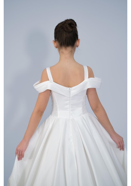 Kız Çocuk Abiye Krem Askılı Düşük Omuzlu Payetli Sunsihe Kumaş Kasnaklı Gelinlik 2-11 Yaş fırsatları