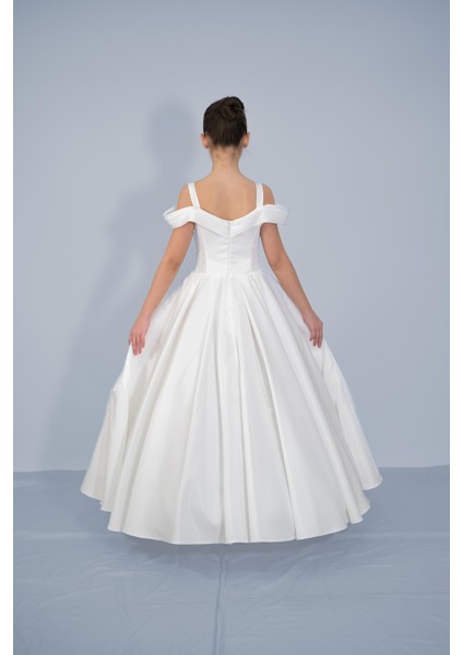 Kız Çocuk Abiye Krem Askılı Düşük Omuzlu Payetli Sunsihe Kumaş Kasnaklı Gelinlik 2-11 Yaş indirimleri