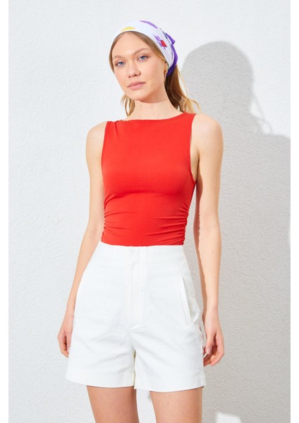 Kadın Kırmızı Kayık Yaka Yanları Büzgülü Sandy Bluz