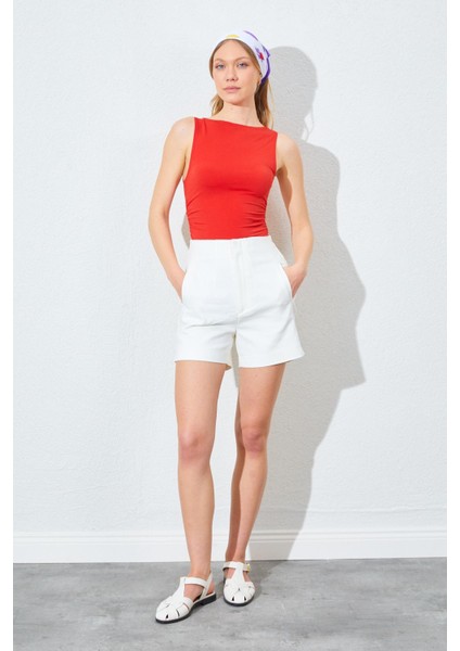 Kadın Kırmızı Kayık Yaka Yanları Büzgülü Sandy Bluz fırsatları