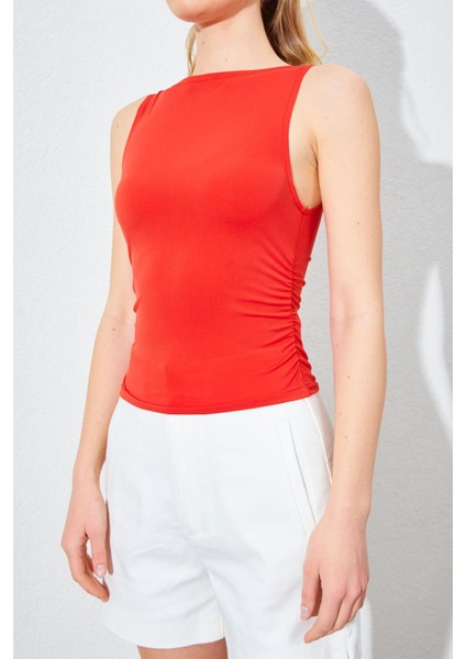 Kadın Kırmızı Kayık Yaka Yanları Büzgülü Sandy Bluz indirimleri