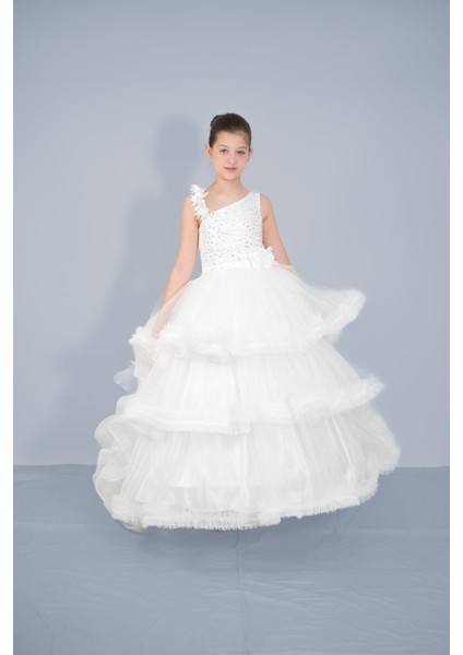 Kız Çocuk Askılı Beyaz Kat Kat Eteklı Kuyruklu Bonbuk Işlemeli Abiye 3-12 Yaş