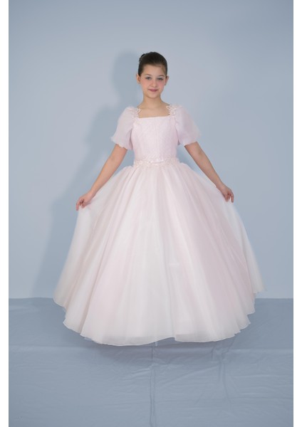Kız Çocuk Abiye Pudra Balon Kollu Omuz ve Bel Boncuk Taş Işlemeli Şifon Gelinlik 2-11 Yaş