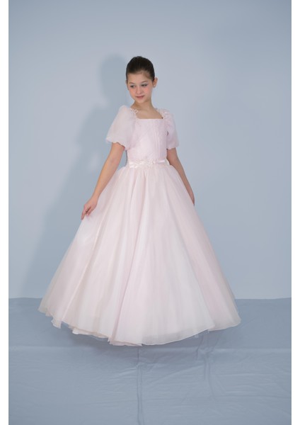 Kız Çocuk Abiye Pudra Balon Kollu Omuz ve Bel Boncuk Taş Işlemeli Şifon Gelinlik 2-11 Yaş fiyatları