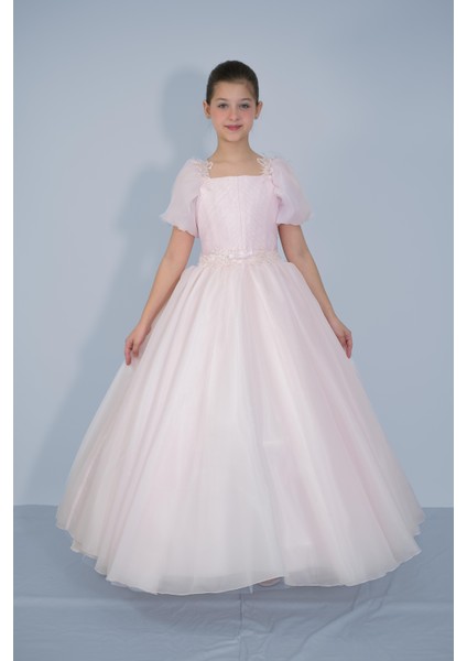 Kız Çocuk Abiye Pudra Balon Kollu Omuz ve Bel Boncuk Taş Işlemeli Şifon Gelinlik 2-11 Yaş modelleri