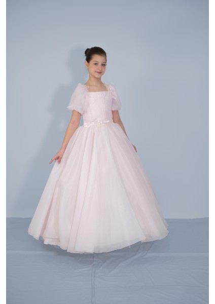 Kız Çocuk Abiye Pudra Balon Kollu Omuz ve Bel Boncuk Taş Işlemeli Şifon Gelinlik 2-11 Yaş fırsatları