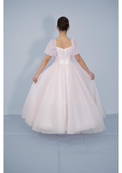 Kız Çocuk Abiye Pudra Balon Kollu Omuz ve Bel Boncuk Taş Işlemeli Şifon Gelinlik 2-11 Yaş indirimleri