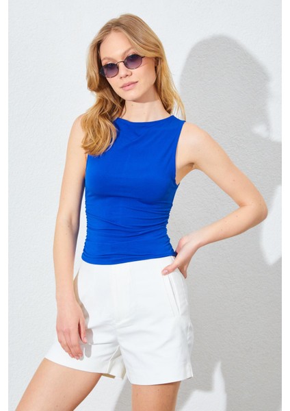 Kadın Saks Kayık Yaka Yanları Büzgülü Sandy Bluz