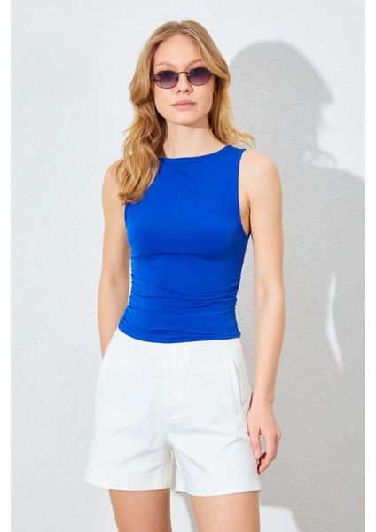 Kadın Saks Kayık Yaka Yanları Büzgülü Sandy Bluz fiyatları