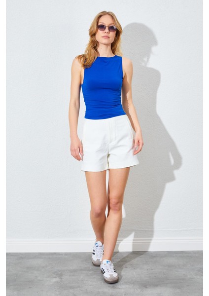 Kadın Saks Kayık Yaka Yanları Büzgülü Sandy Bluz fırsatları